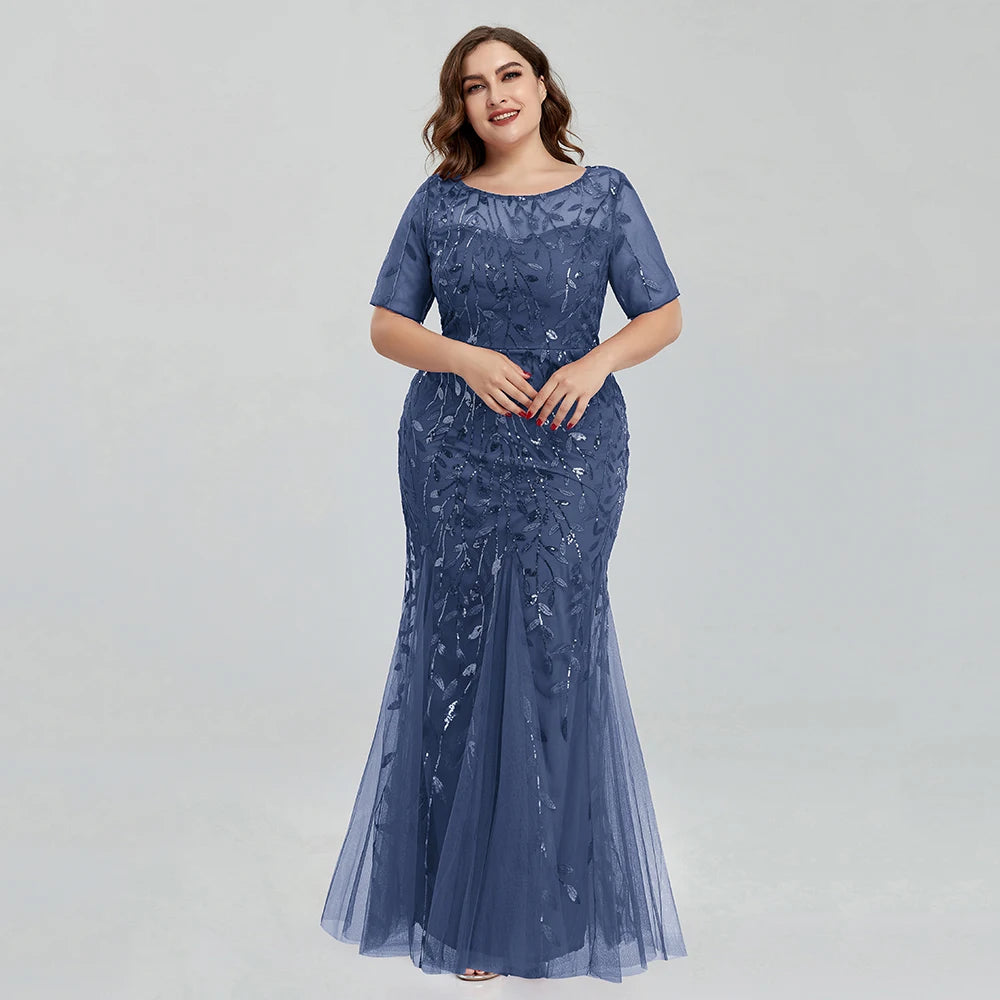 2023 Plus Size Sequin Mesh Mermaid Slim Evening Dress Beaded Leaves Pattern Formal Women Elegant Party Prom Gowns Short Sleeve
