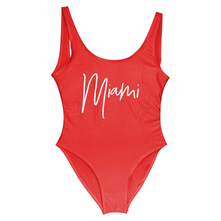 S-3XL MIAMI Letter Women Swimwear One-Piece Swimsuit Bodysuit Sexy Swimwear Solid Plus Size Bathing Suit Wear