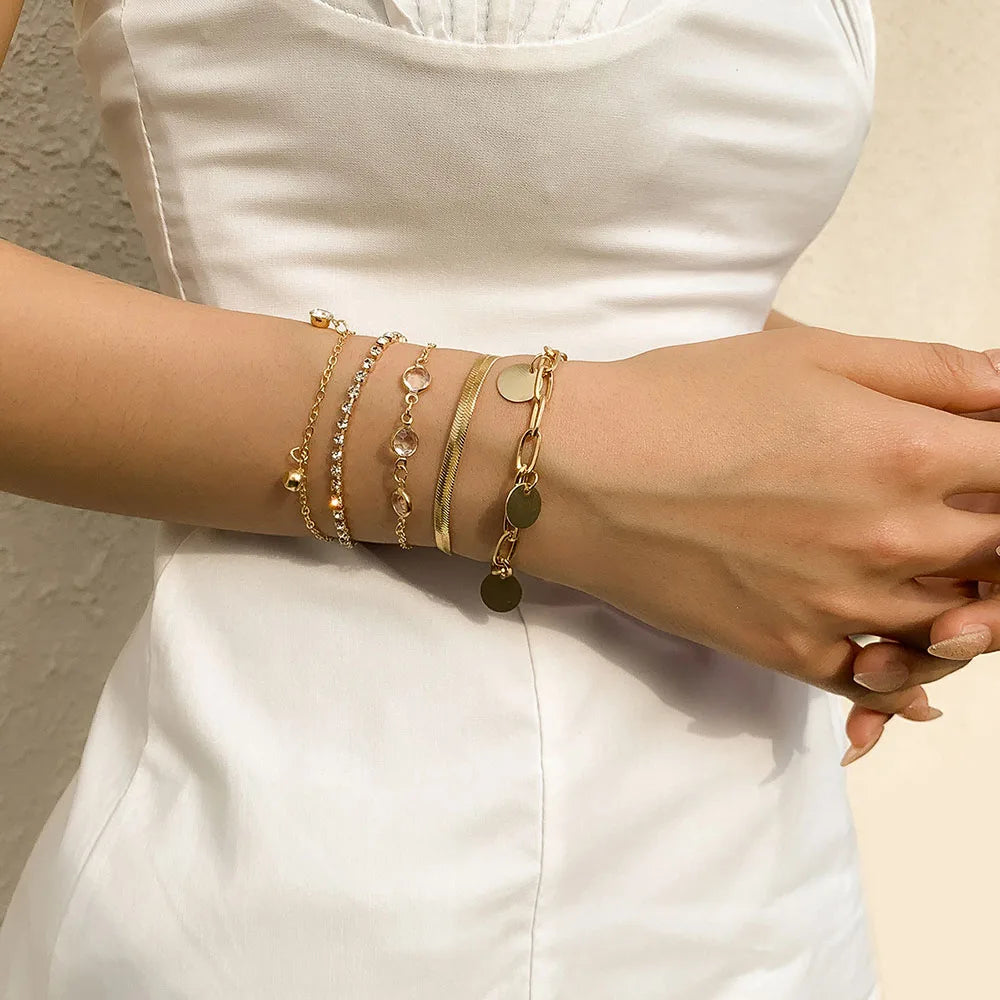 Boho Flat Snake Bone Chain Rhinestone Sequin Pendant Bracelet Set Lady Geometric Fashion Bracelets Combination Girl Jewelry