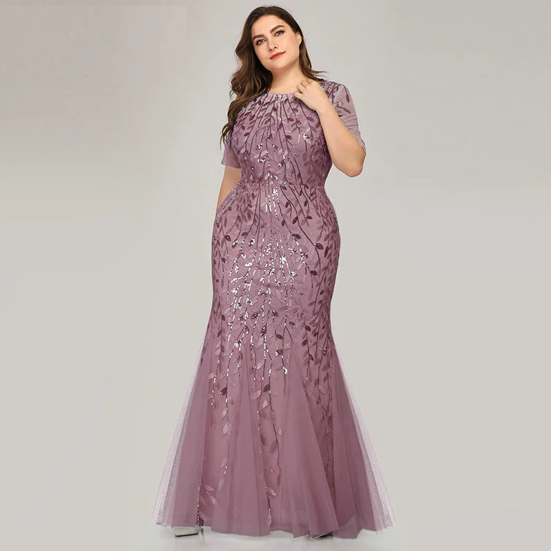 2023 Plus Size Sequin Mesh Mermaid Slim Evening Dress Beaded Leaves Pattern Formal Women Elegant Party Prom Gowns Short Sleeve