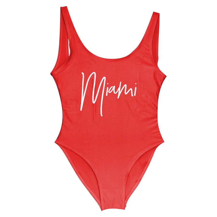 S-3XL MIAMI Letter Women Swimwear One-Piece Swimsuit Bodysuit Sexy Swimwear Solid Plus Size Bathing Suit Wear