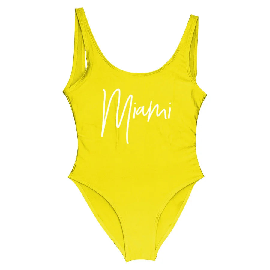 S-3XL MIAMI Letter Women Swimwear One-Piece Swimsuit Bodysuit Sexy Swimwear Solid Plus Size Bathing Suit Wear