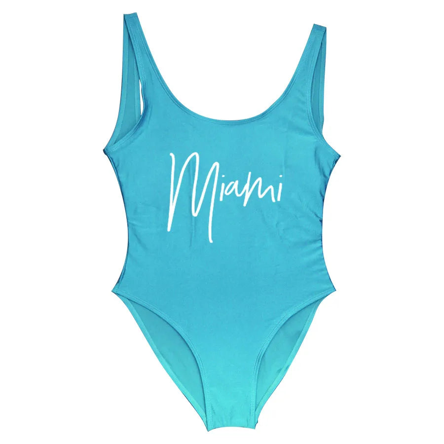 S-3XL MIAMI Letter Women Swimwear One-Piece Swimsuit Bodysuit Sexy Swimwear Solid Plus Size Bathing Suit Wear