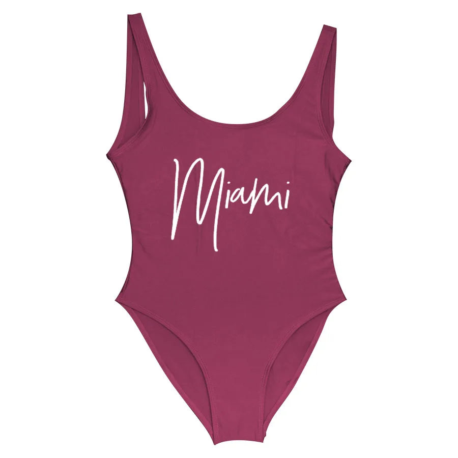 S-3XL MIAMI Letter Women Swimwear One-Piece Swimsuit Bodysuit Sexy Swimwear Solid Plus Size Bathing Suit Wear