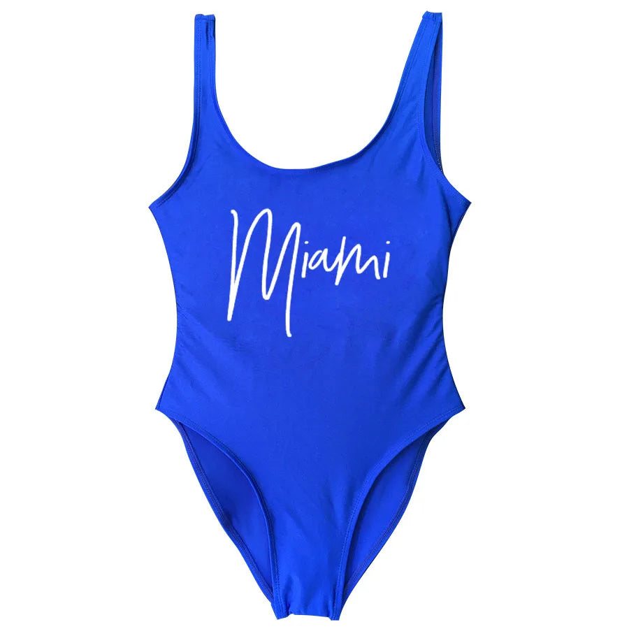 S-3XL MIAMI Letter Women Swimwear One-Piece Swimsuit Bodysuit Sexy Swimwear Solid Plus Size Bathing Suit Wear