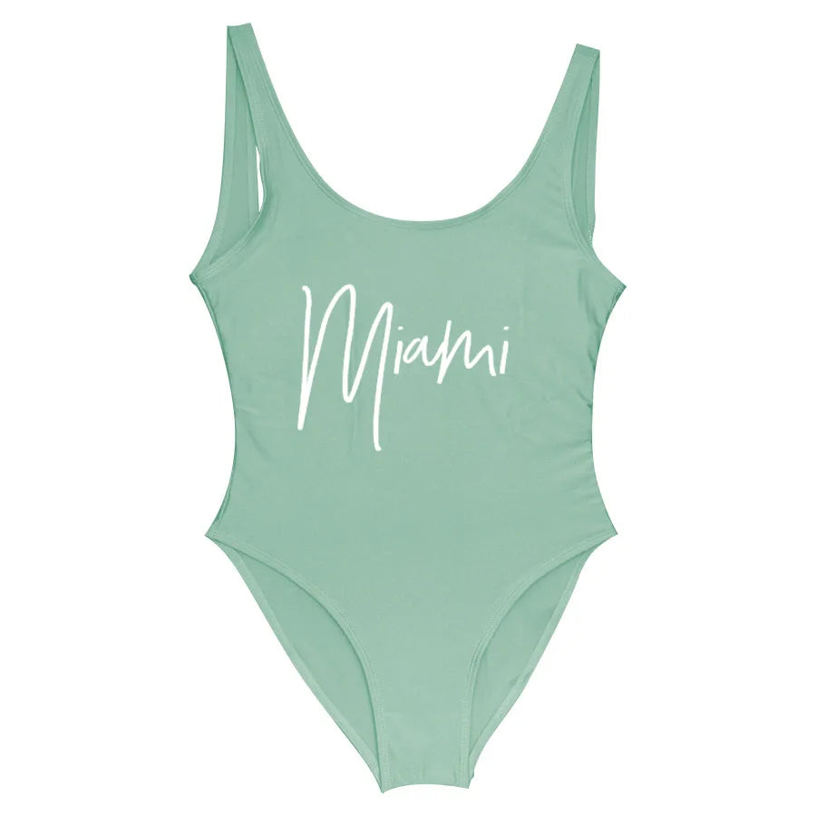 S-3XL MIAMI Letter Women Swimwear One-Piece Swimsuit Bodysuit Sexy Swimwear Solid Plus Size Bathing Suit Wear