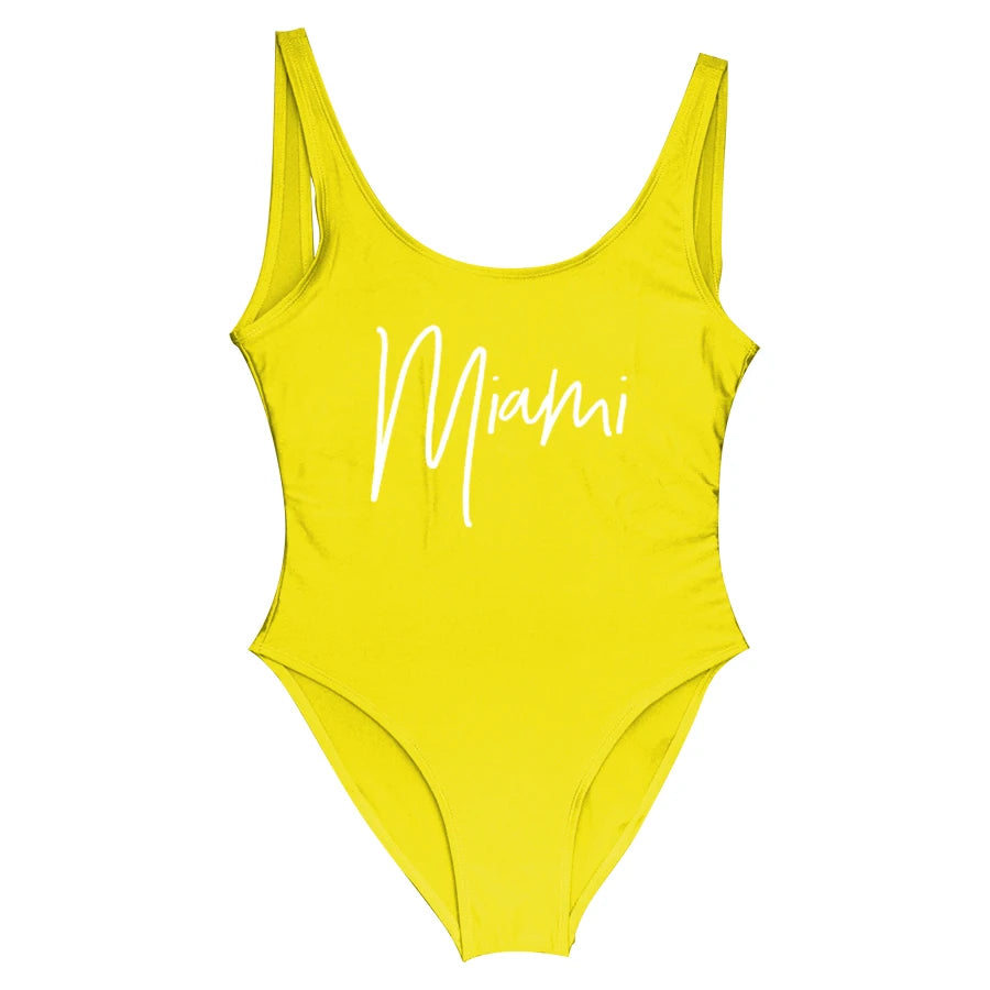 S-3XL MIAMI Letter Women Swimwear One-Piece Swimsuit Bodysuit Sexy Swimwear Solid Plus Size Bathing Suit Wear