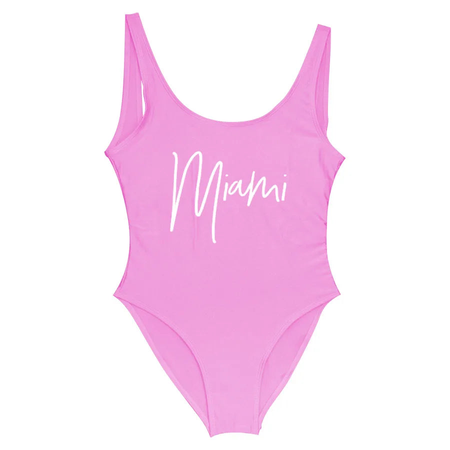S-3XL MIAMI Letter Women Swimwear One-Piece Swimsuit Bodysuit Sexy Swimwear Solid Plus Size Bathing Suit Wear