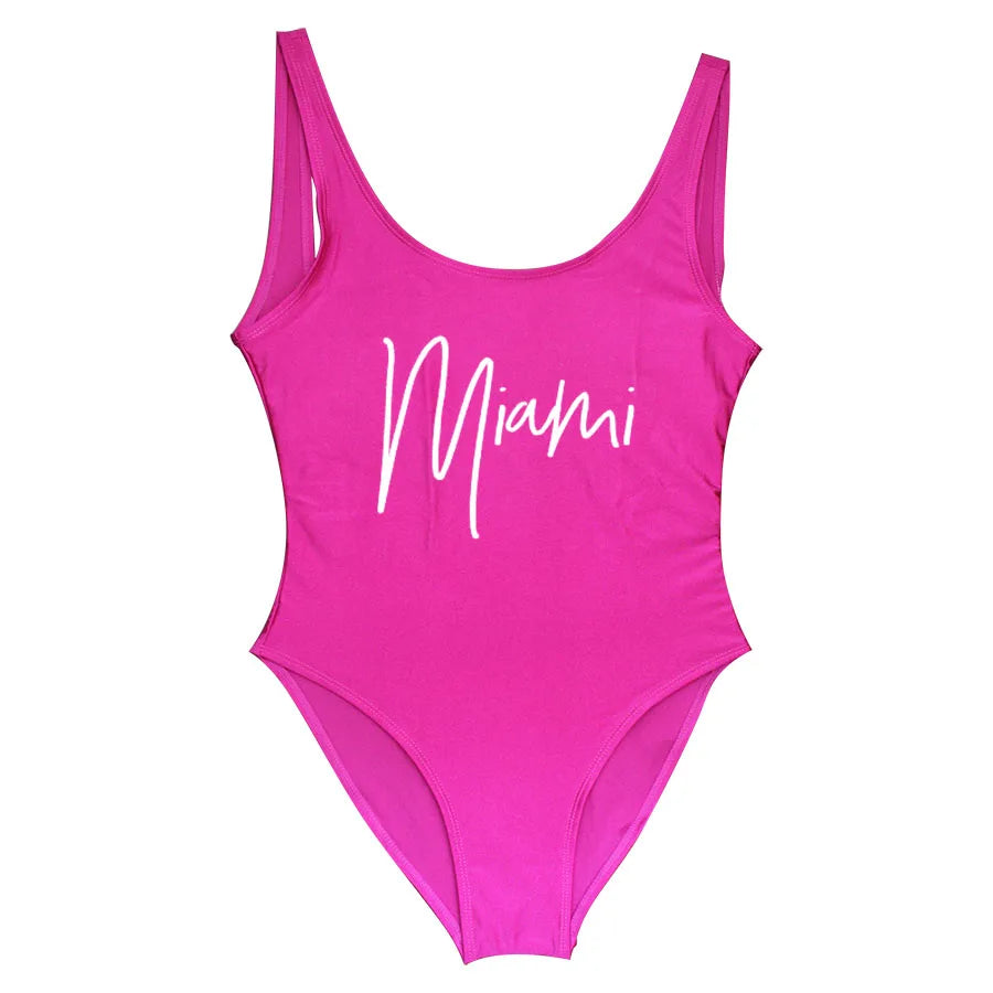S-3XL MIAMI Letter Women Swimwear One-Piece Swimsuit Bodysuit Sexy Swimwear Solid Plus Size Bathing Suit Wear