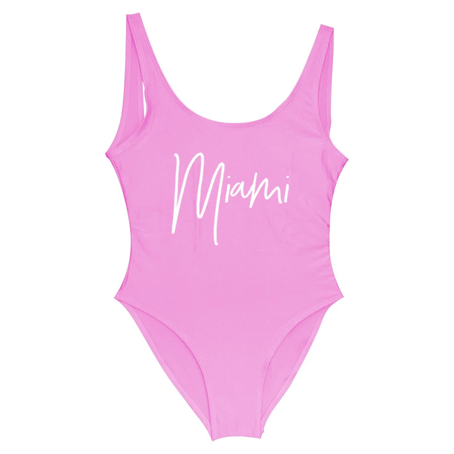 S-3XL MIAMI Letter Women Swimwear One-Piece Swimsuit Bodysuit Sexy Swimwear Solid Plus Size Bathing Suit Wear