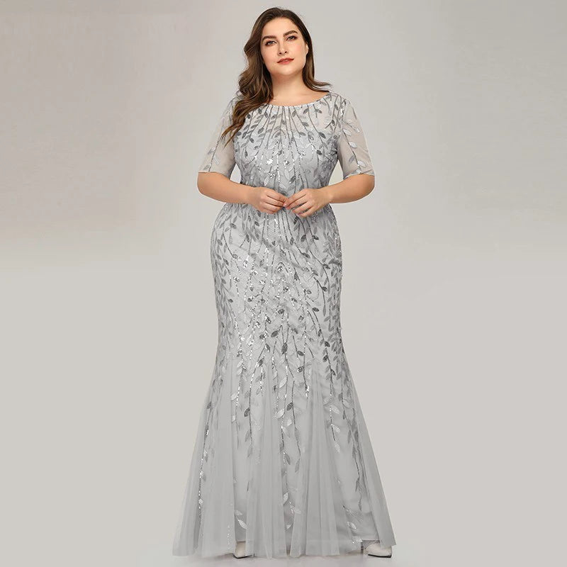 2023 Plus Size Sequin Mesh Mermaid Slim Evening Dress Beaded Leaves Pattern Formal Women Elegant Party Prom Gowns Short Sleeve