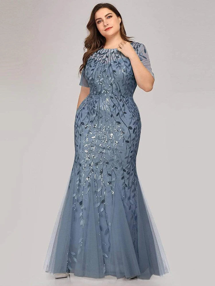 2023 Plus Size Sequin Mesh Mermaid Slim Evening Dress Beaded Leaves Pattern Formal Women Elegant Party Prom Gowns Short Sleeve