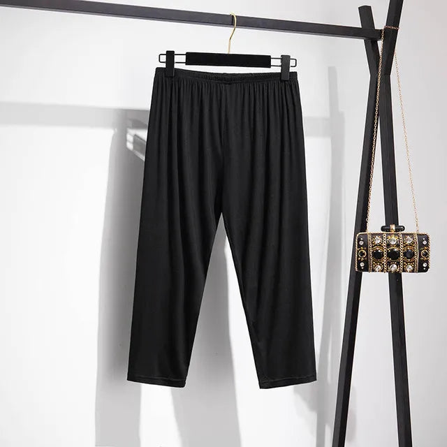 165Kg Plus Size Women's Summer Loose High-Waist Bottoming Cropped Trousers 5XL 6XL 7XL 8XL 9XL Thin Slimming Leggings Black