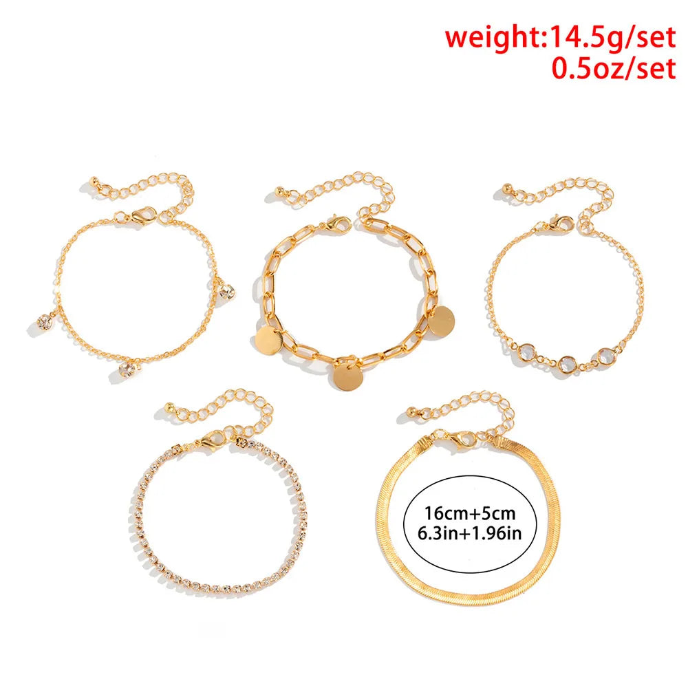 Boho Flat Snake Bone Chain Rhinestone Sequin Pendant Bracelet Set Lady Geometric Fashion Bracelets Combination Girl Jewelry