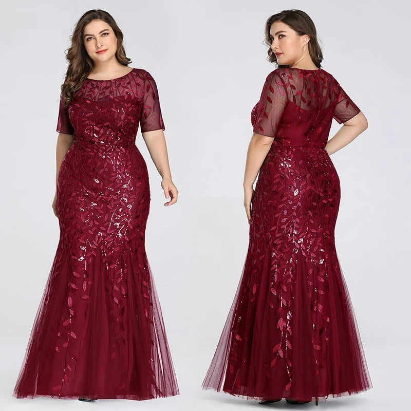2023 Plus Size Sequin Mesh Mermaid Slim Evening Dress Beaded Leaves Pattern Formal Women Elegant Party Prom Gowns Short Sleeve