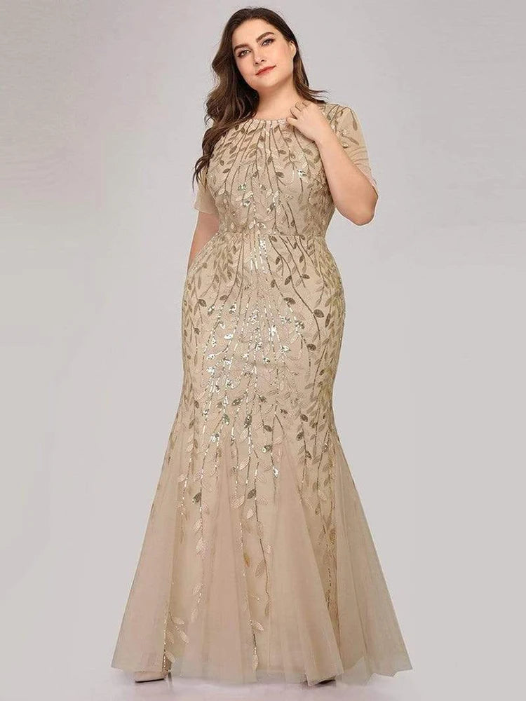2023 Plus Size Sequin Mesh Mermaid Slim Evening Dress Beaded Leaves Pattern Formal Women Elegant Party Prom Gowns Short Sleeve