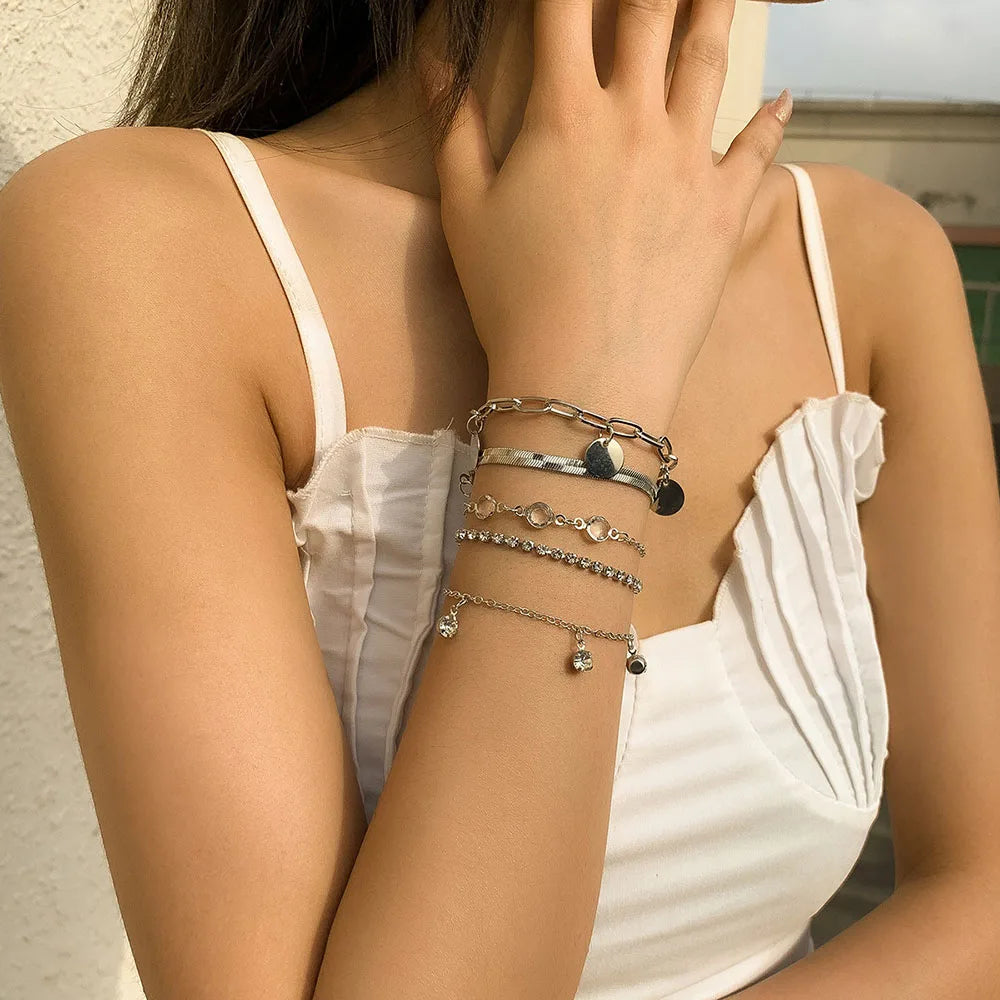 Boho Flat Snake Bone Chain Rhinestone Sequin Pendant Bracelet Set Lady Geometric Fashion Bracelets Combination Girl Jewelry