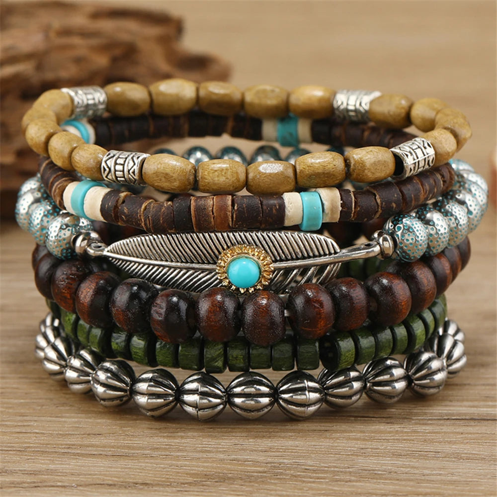 Feather Evil Eye Ethnic 5-6pc/set wood bead tree Charms bracelets Hamsa Hand Butterfly Bohemia Men Bracelets Women Jewelry