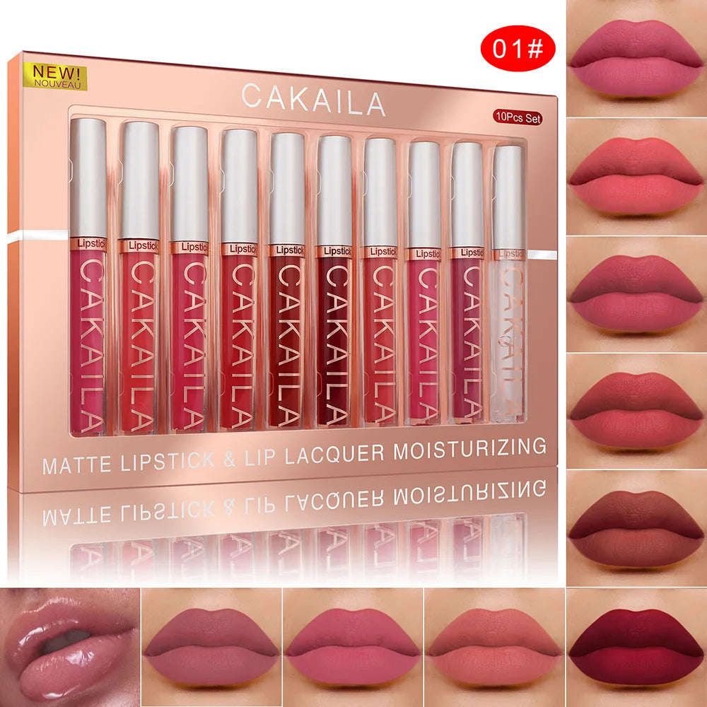 CAKAILA 10pcs/set Nude Lip Gloss Matte Velvet Lipstick Waterproof Long-lasting Liquid Lipstick Women Moist Lip Tint