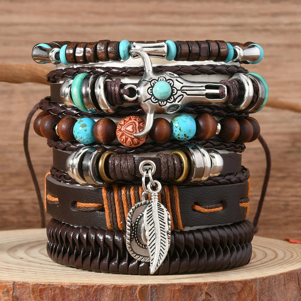 Feather Evil Eye Ethnic 5-6pc/set wood bead tree Charms bracelets Hamsa Hand Butterfly Bohemia Men Bracelets Women Jewelry