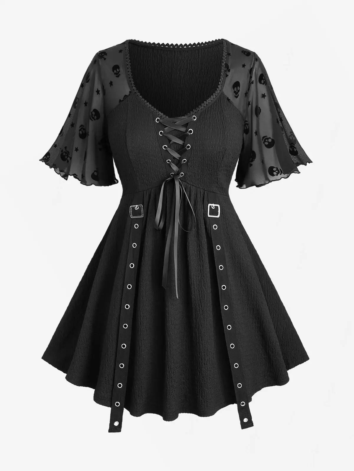ROSEGAL Plus Size Women's T-Shirt Black Skulls Stars Mesh Flocking Sleeves Lace Up Buckle Grommet Straps Crinkle Tops Costumes