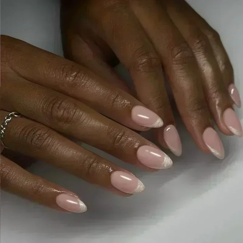 24Pcs French False Nails Almond Fake Nails with Glue Press on White Edge Design Wearable Simple Ins Pink Stiletto Nail Tips