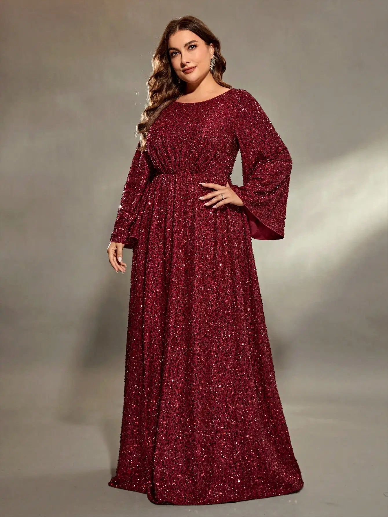 Mgiacy plus size Round neck flared sleeves bust pleated sequins A full skirt Evening gown PROM dress Party dress