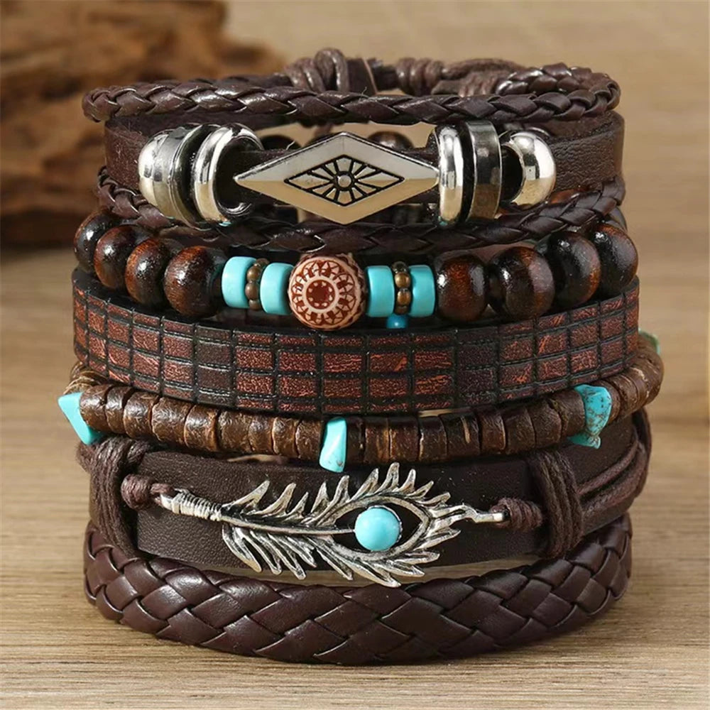 Feather Evil Eye Ethnic 5-6pc/set wood bead tree Charms bracelets Hamsa Hand Butterfly Bohemia Men Bracelets Women Jewelry