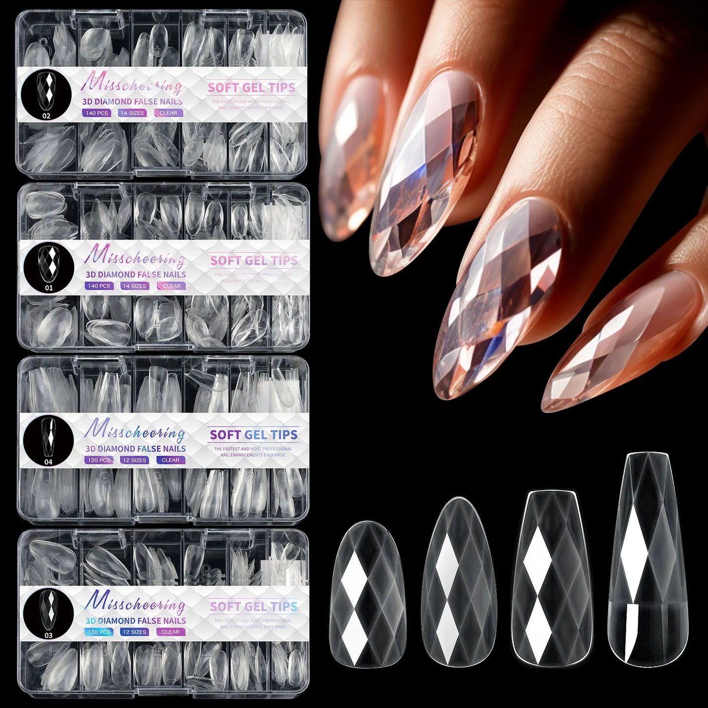 140/120pcs Diamond Almond Nail Ballet False Nails Acrylic Soft Full Coverage Press on Nails DIY Manicure Charm Extension Tools