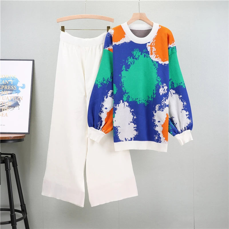 Fashion Print Suit Autumn Winter Retro Knitted Tracksuit Plus Size Sweater Loose Pullover Shirt Wide Leg Pants 2-Piece Set Women