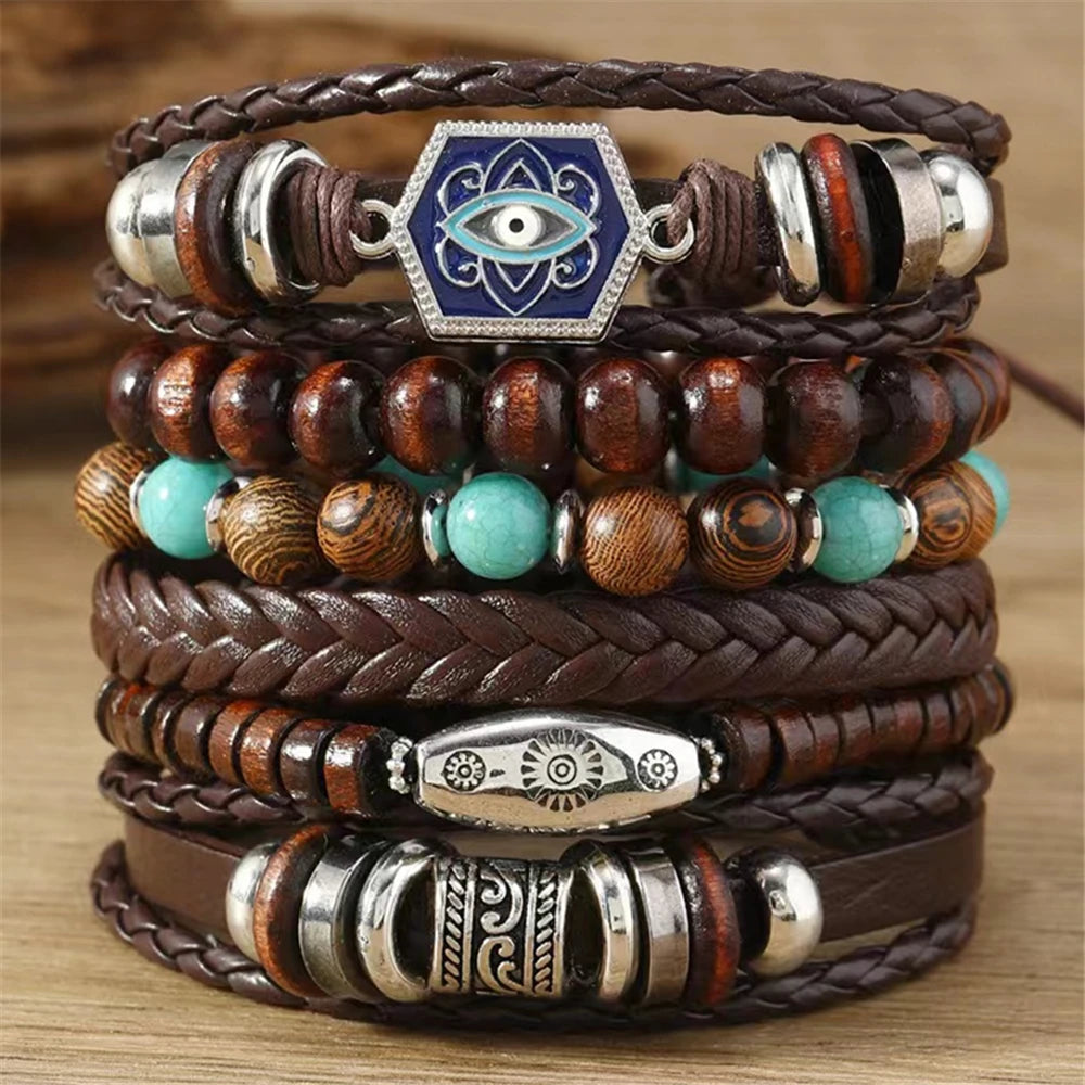 Feather Evil Eye Ethnic 5-6pc/set wood bead tree Charms bracelets Hamsa Hand Butterfly Bohemia Men Bracelets Women Jewelry