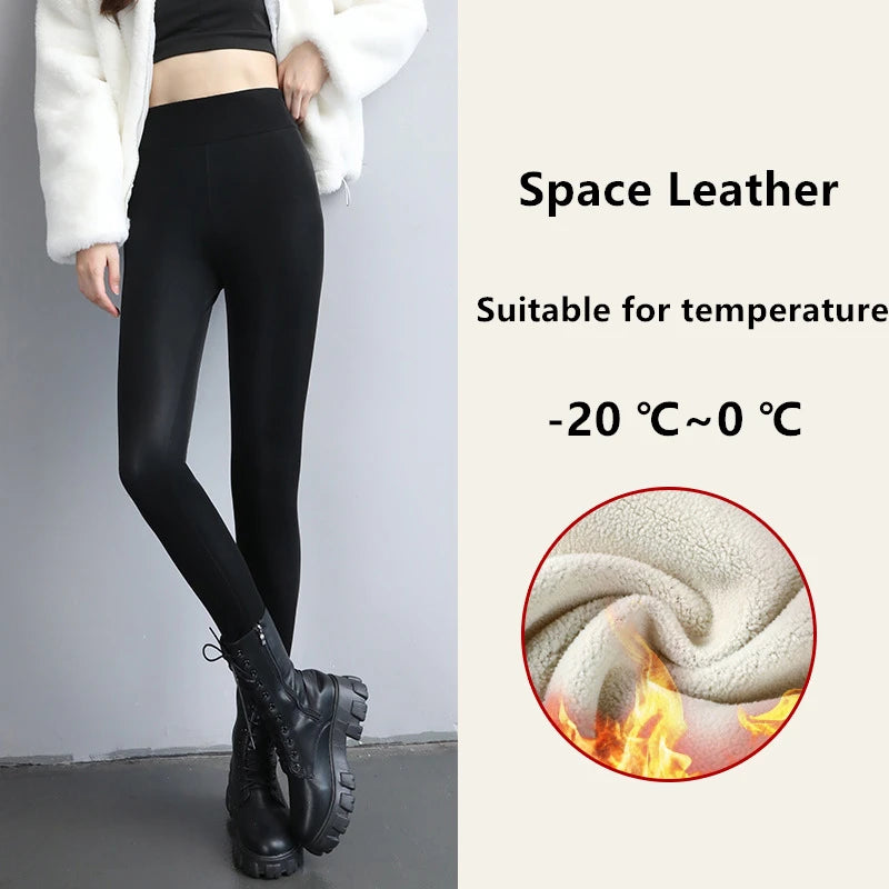 Winter Pu Leather Fleece Lined Leggings Pant Women High Waist Thicken Warm Lamb Fluff Slim Pencil Leggins Black Pantalones