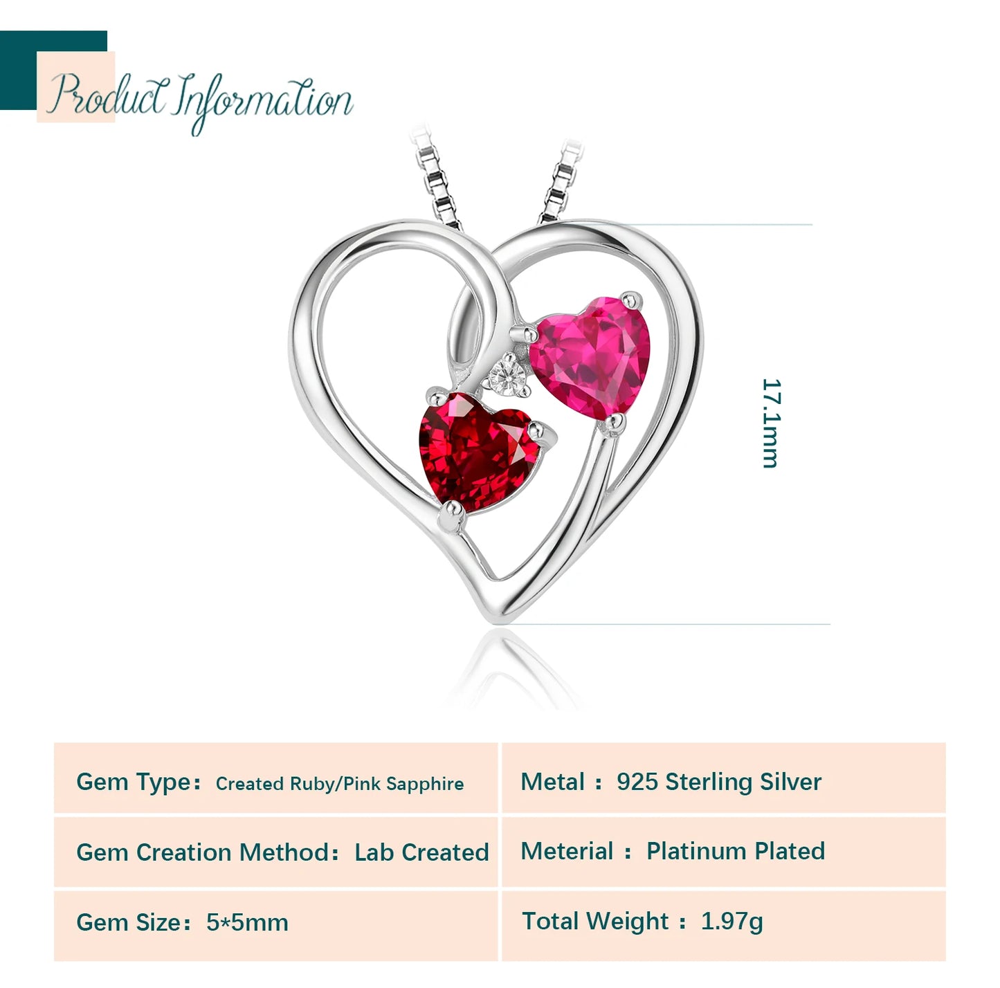 Potiy Heart Shape Created Ruby Pink Sapphire cute Pendant Necklace 925 Sterling Silver for Women valentines day gift Jewelry