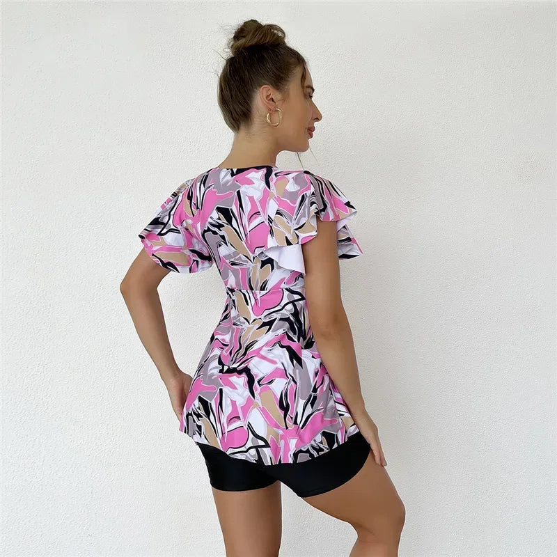 Women‘s Plus Size Swimsuit Two Piece Swim Dress Tummy Control Separate Printed Swimwear Tankini Sets with Shorts Boyshorts