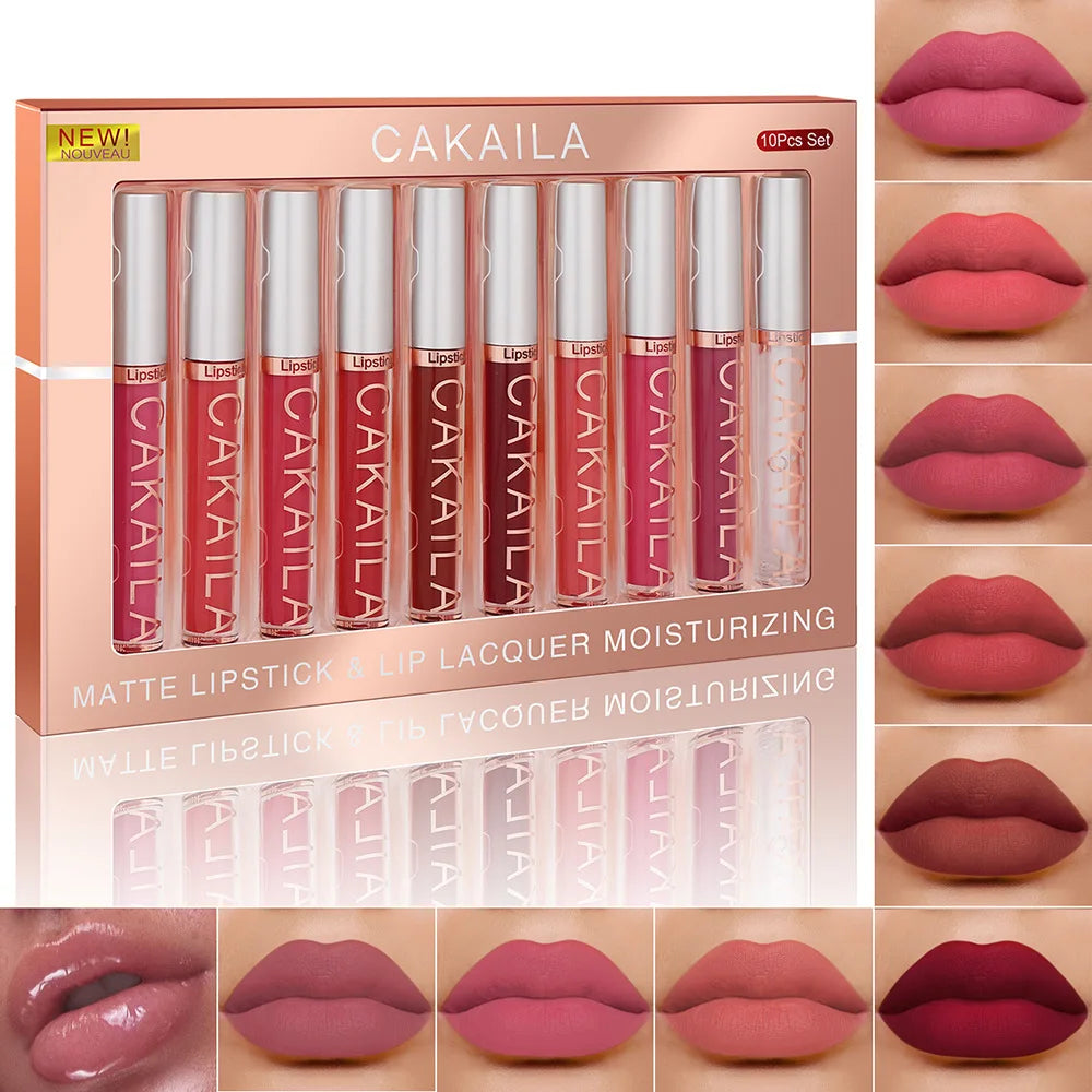 CAKAILA 10pcs/set Nude Lip Gloss Matte Velvet Lipstick Waterproof Long-lasting Liquid Lipstick Women Moist Lip Tint
