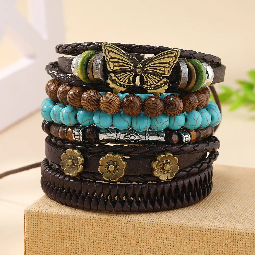 Feather Evil Eye Ethnic 5-6pc/set wood bead tree Charms bracelets Hamsa Hand Butterfly Bohemia Men Bracelets Women Jewelry
