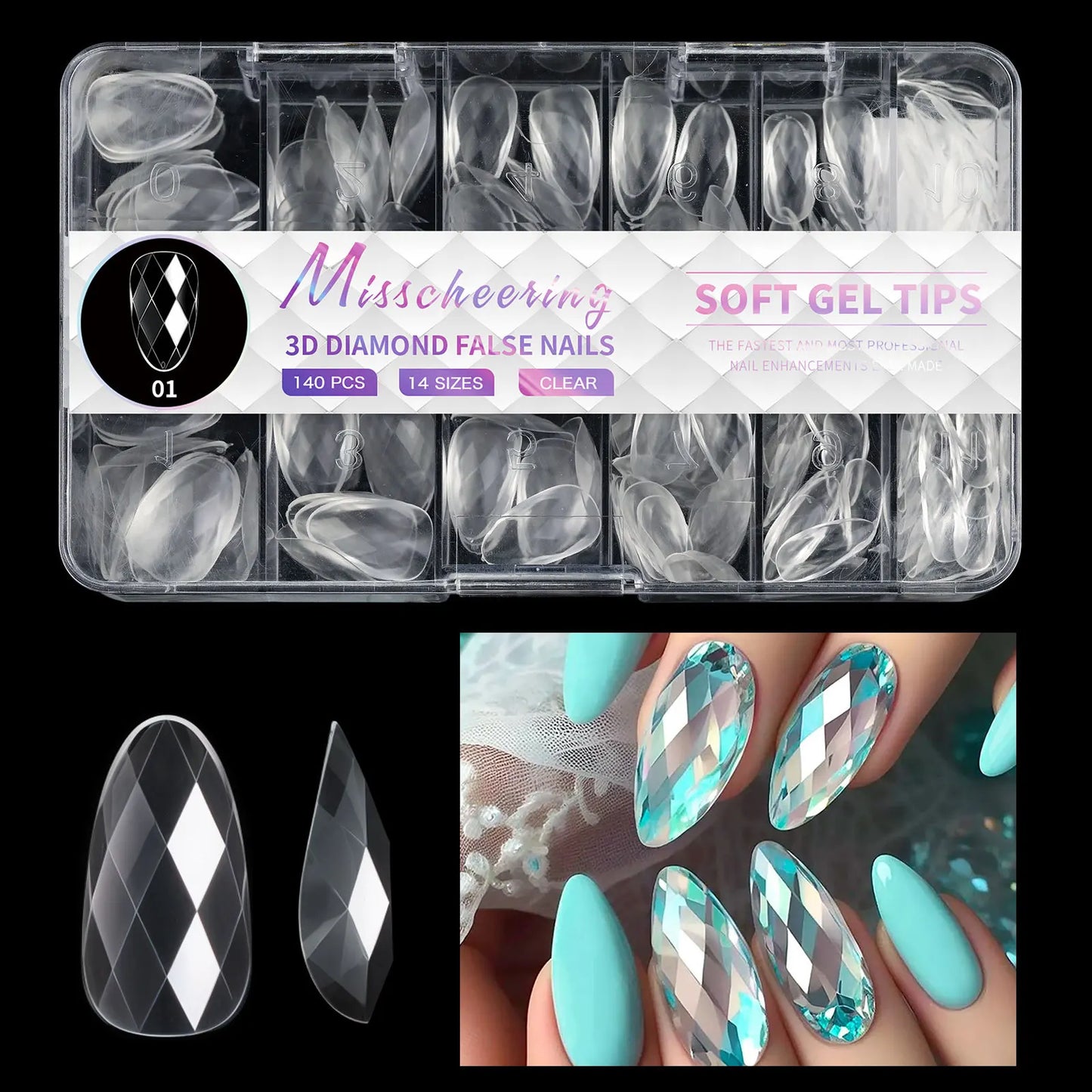 140/120pcs Diamond Almond Nail Ballet False Nails Acrylic Soft Full Coverage Press on Nails DIY Manicure Charm Extension Tools
