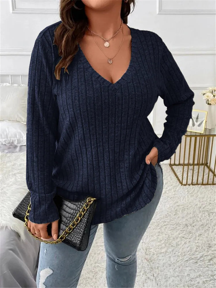 Women's Plus Size Clothing Long Sleeve T-Shirt Casual Fashion V Neck Striped Knitted Tops Spring Ladies Solid Loose T Shirts 5XL