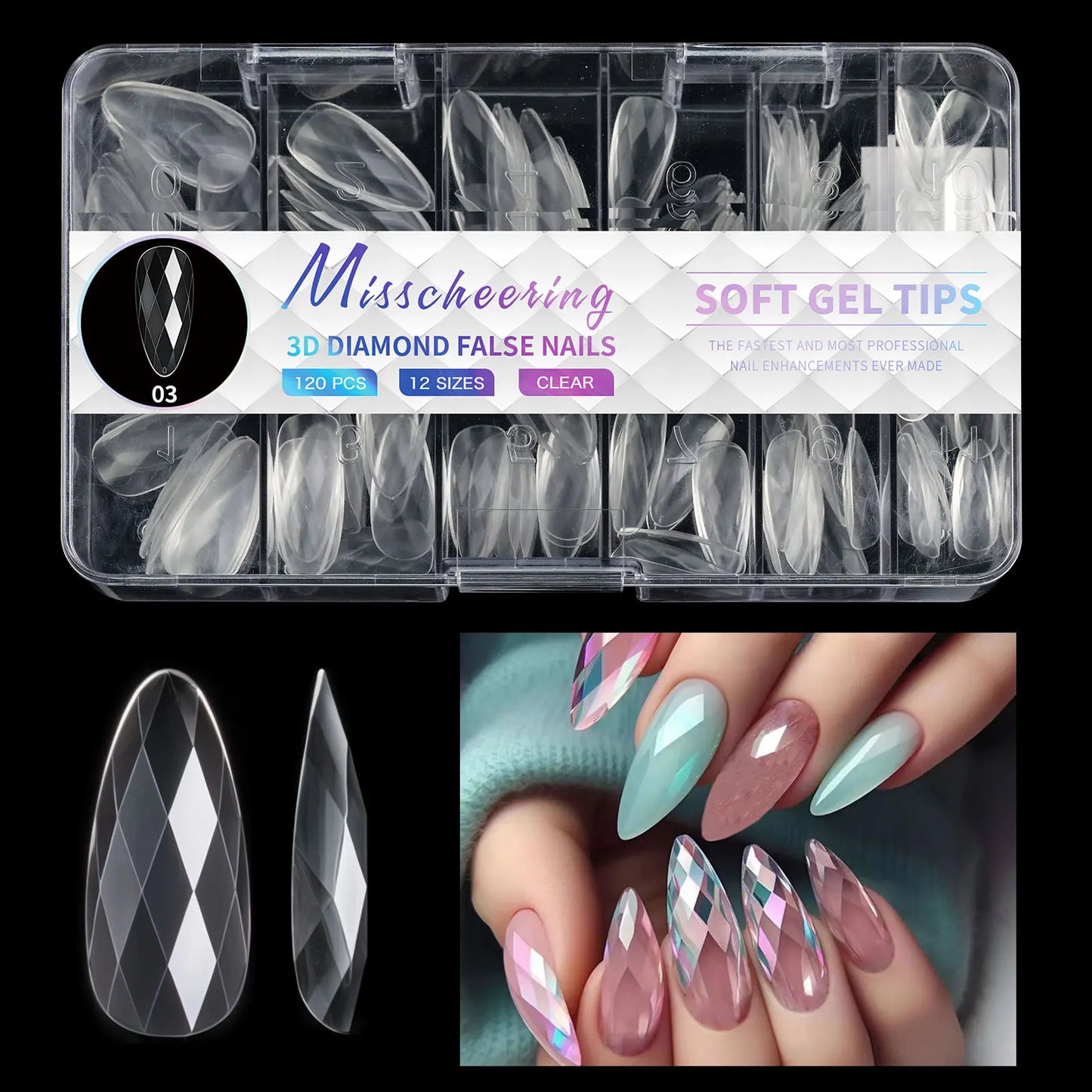 140/120pcs Diamond Almond Nail Ballet False Nails Acrylic Soft Full Coverage Press on Nails DIY Manicure Charm Extension Tools