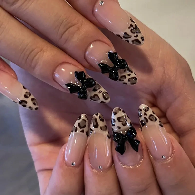 24Pcs Pink French Style Fake Nails 3D Bowknot Designs Short Square Press on Nails Sweet Korean Fashion False Nail for Women Girl