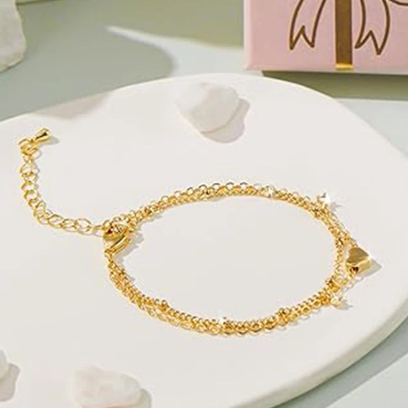 Dainty 14k Gold Plated Bracelets Love Heart Stainless Steel Bracelets for Women Chain Bracelet CZ Gifts Women's Jewelry Summer