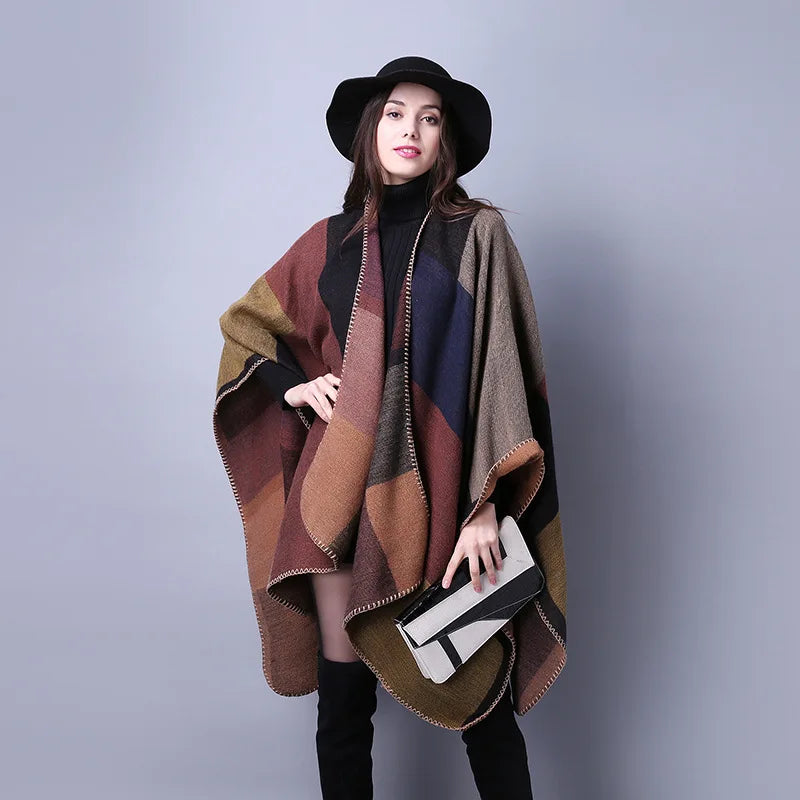 Thicken Winter Shawl Wraps Cape Women Fall Ponchos Plus Size Block Plaid Open Front Sweater Fleece Scarf Coat Holiday Outfits