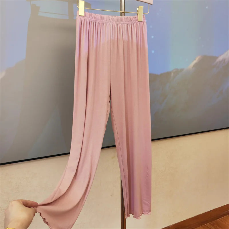Simple Sweet Fungus-edged Solid Color Pajama Pants Thin Home Trousers for Women To Wear Outside Drop Shipping Пижама Женская