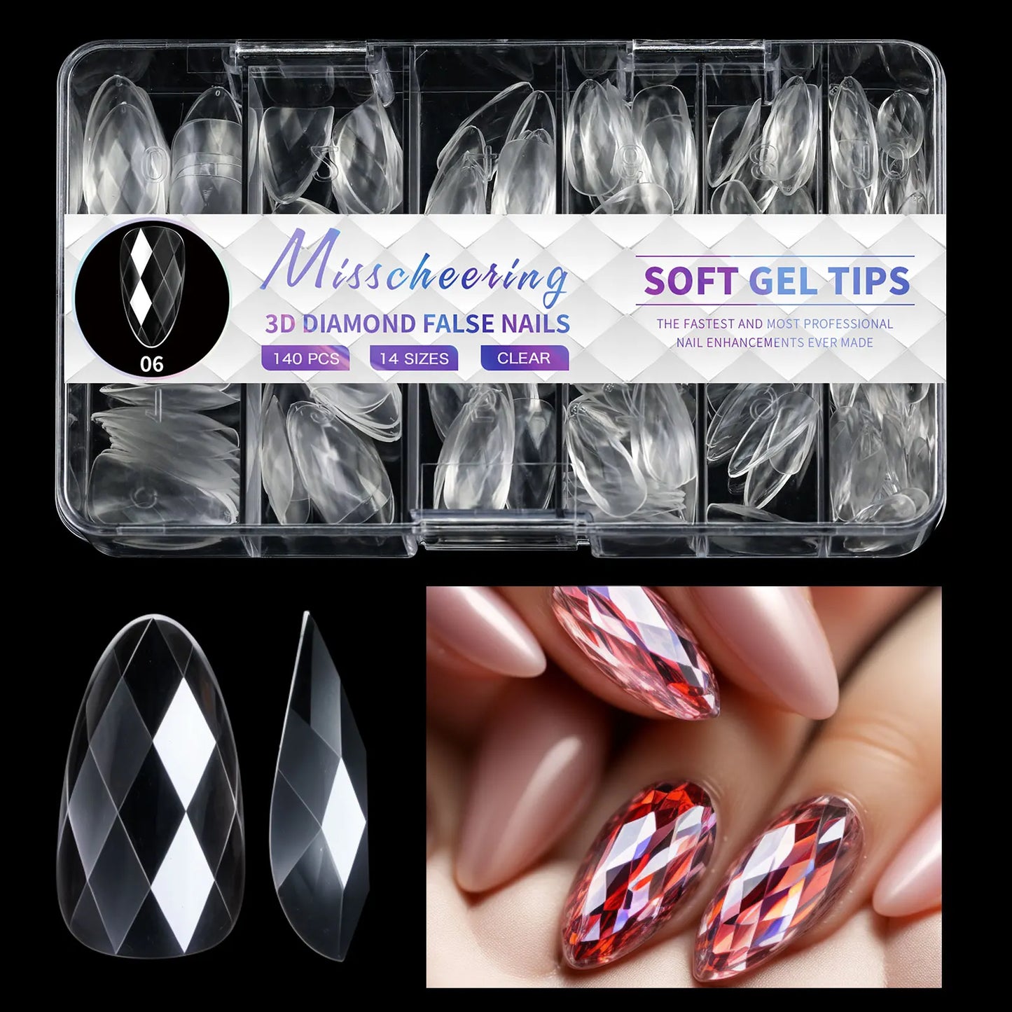 140/120pcs Diamond Almond Nail Ballet False Nails Acrylic Soft Full Coverage Press on Nails DIY Manicure Charm Extension Tools