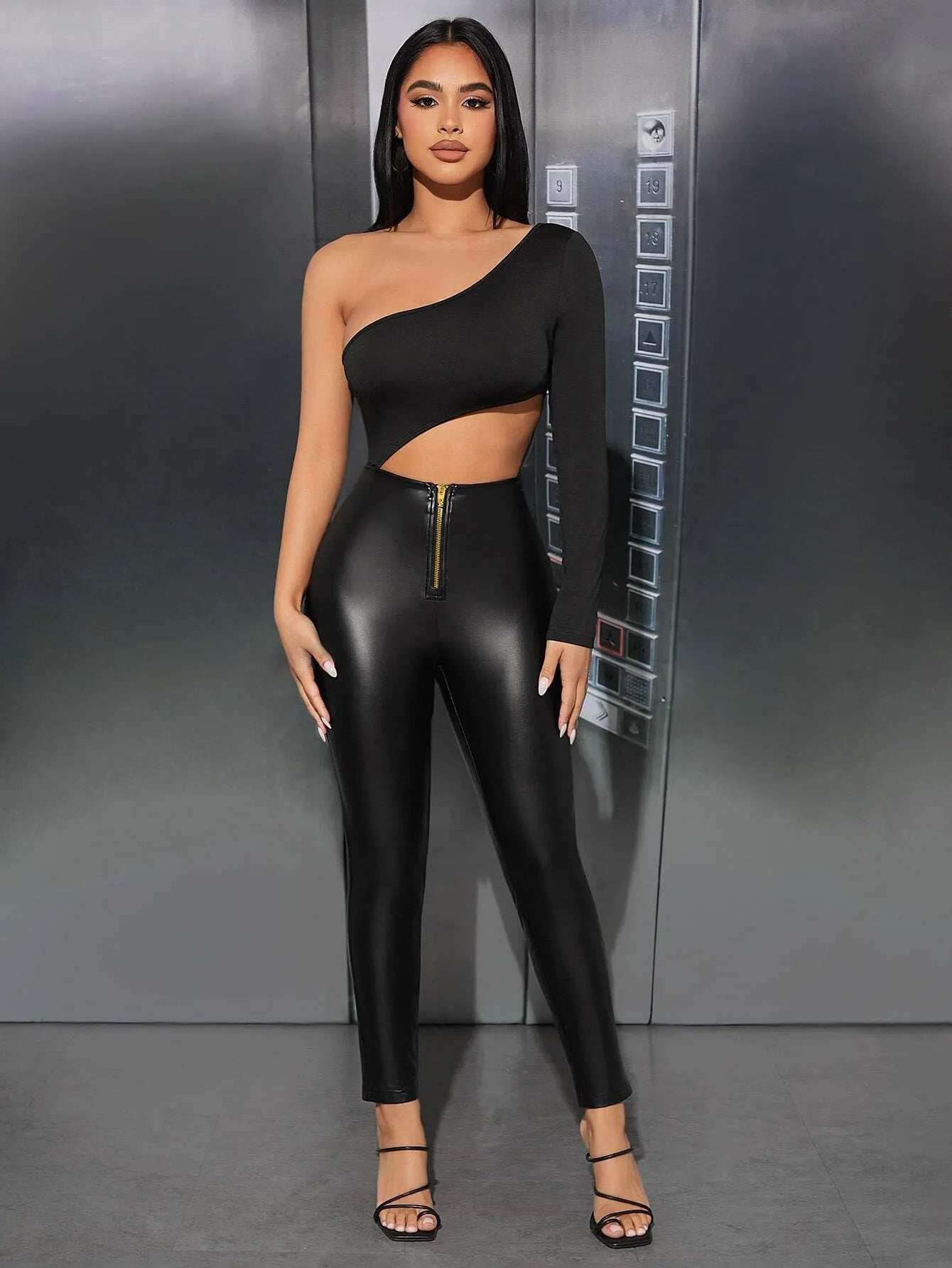 Women's High Waist Faux Leather Skinny Pants with Zipper Detail PU Leather Leggings Sexy Solid Color Stretch leather pants