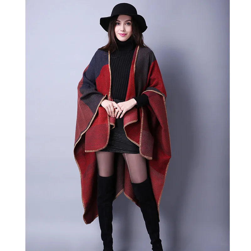 Thicken Winter Shawl Wraps Cape Women Fall Ponchos Plus Size Block Plaid Open Front Sweater Fleece Scarf Coat Holiday Outfits