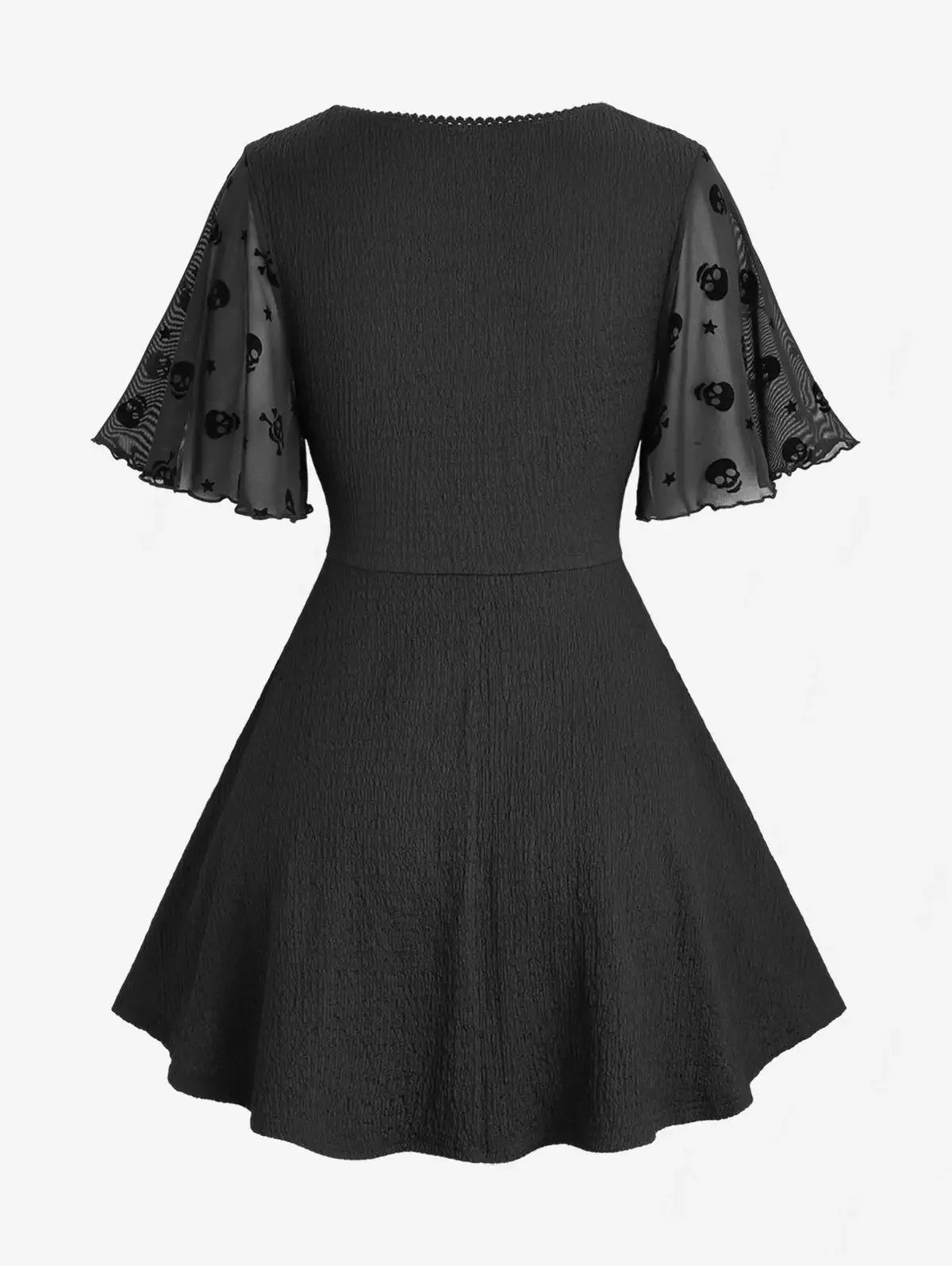 ROSEGAL Plus Size Women's T-Shirt Black Skulls Stars Mesh Flocking Sleeves Lace Up Buckle Grommet Straps Crinkle Tops Costumes