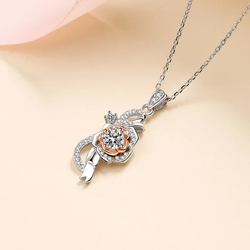 18K gold necklace a rose necklace for women inlaid with moissanite0.5carat electroplated pt950 platinum color pendant