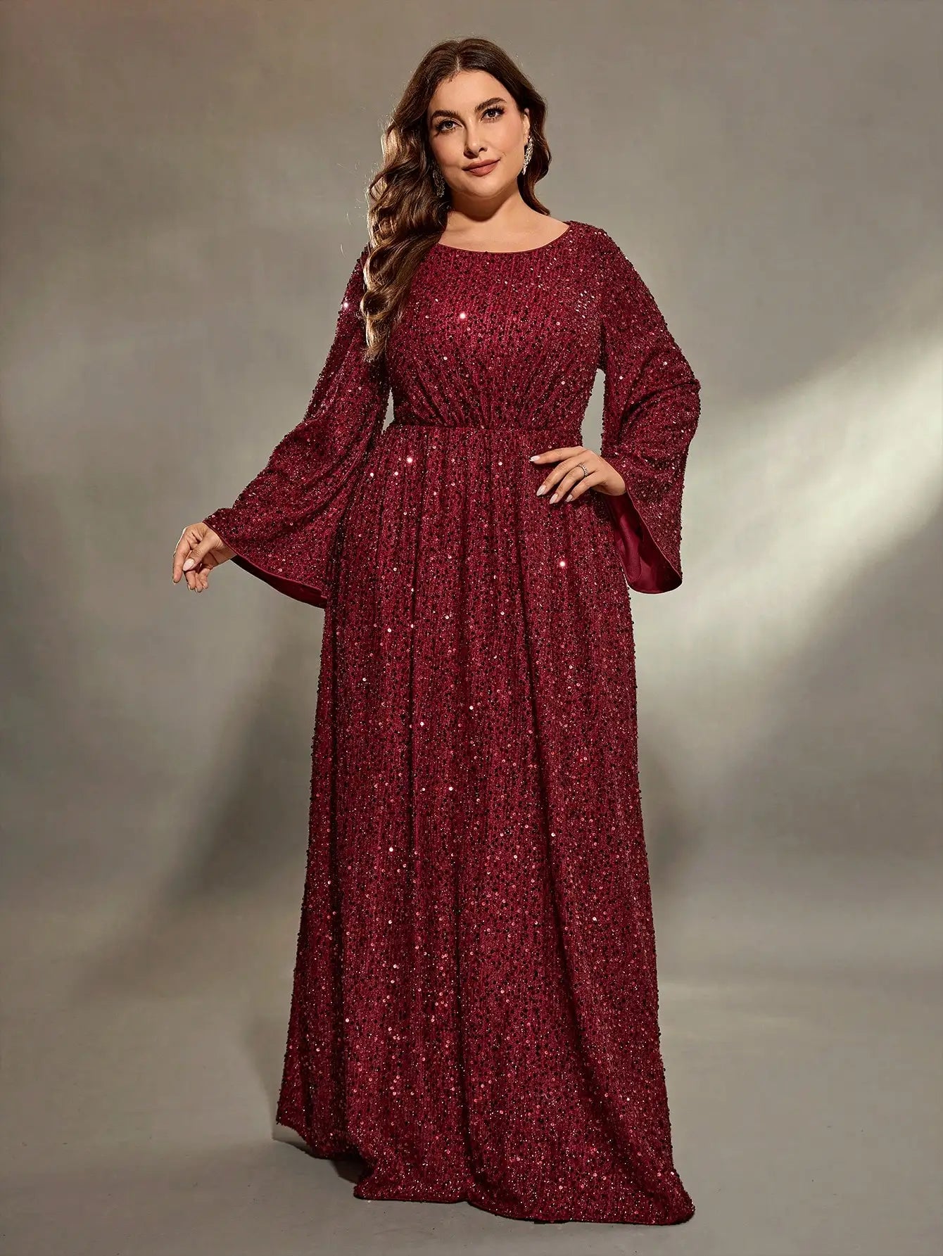 Mgiacy plus size Round neck flared sleeves bust pleated sequins A full skirt Evening gown PROM dress Party dress