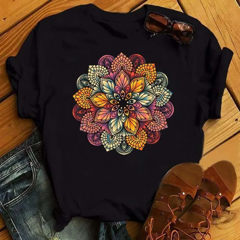Plus Size Maycaur New Mandala Floral Printed T Shirt Women Casual Fashion T-shirt Loose Short Sleeve 90s Girls Aesthetics Top